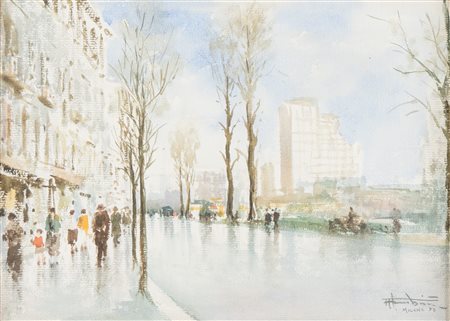 Aurelio Catti (Palermo 1895 - 1966), “Milano”, 1953.Acquerello su cartone, firmato, titolato e