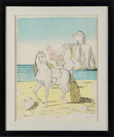 Giorgio De Chirico (Volo 1888 - Roma 1978), “Cavalli con tempio sulla spiaggia”.Litografia a