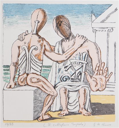 Giorgio De Chirico (Volo 1888 - Roma 1978), “Il colloquio Segreto”.Litografia a colori su