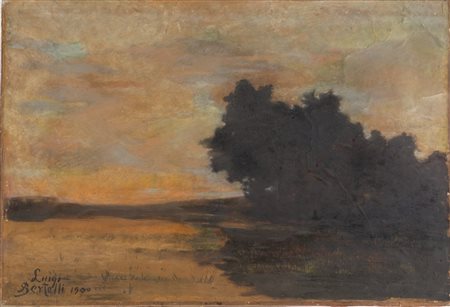 Luigi Bertelli (San Lazzaro di Savena 1833 - Bologna 1916), “Paesaggio al tramonto”, 1900.Olio