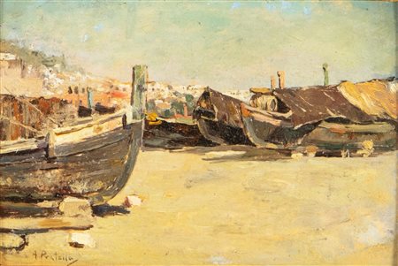 Attilio Pratella (Lugo 1856 - Napoli 1949), “Barche”.Olio su tavoletta, firmato in basso a