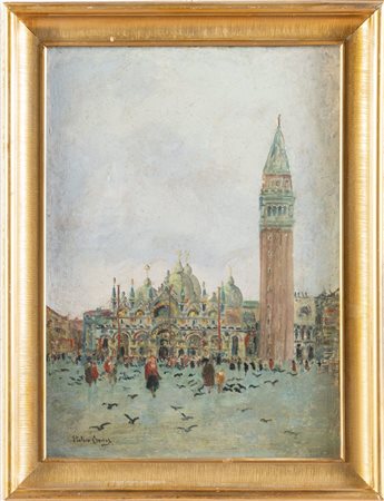 Italico Brass (Gorizia 1870 - Venezia 1943), “Piazza San Marco”.Olio su cartone, firmato in