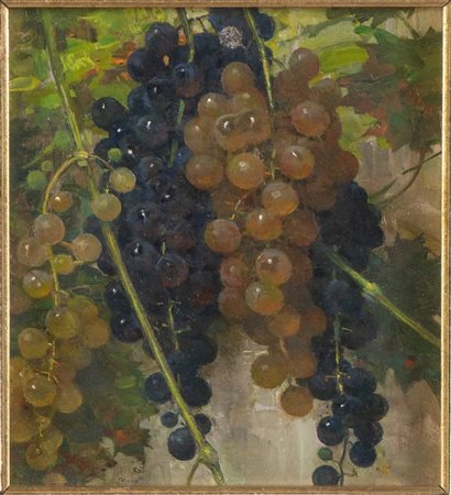 Emo Mazzetti (Treviso 1870 - Venezia 1955), “Grappolo d’uva”.Olio su cartone, firmato in