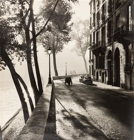 Albert Monier (1915-1998)  - Matin d'automne. The quai d'Anjou toward the Hotel de Lauzun, Paris , 1950s