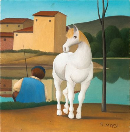 MASI ROBERTO I 1940 "Cavallo e pescatore" 30x30 olio su tela Opera firmata in...