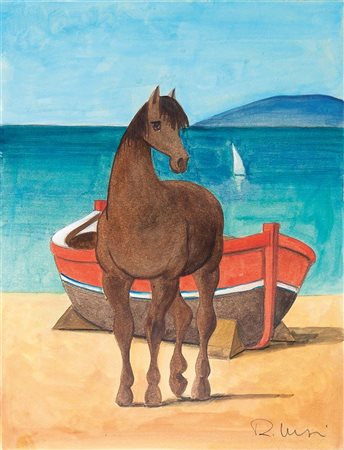 MASI ROBERTO I 1940 "Barca e cavallo" 29x22 olio diluito su cartone Opera...