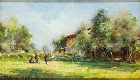 GHEDUZZI MARIO Crespellano (BO) 1891 - 1970 Torino "Paesaggio con contadine"...