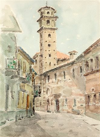 TARDITI ORESTE Novello 1908 - 1991 "Langhe - Borgata con campanile" 50x36,5...