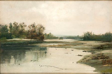 PITTORE DELLA SCUOLA DI DELLEANI "Il fiume" 30/10/1893 25x37 olio su...