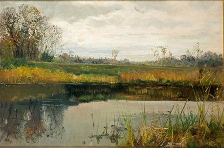 PITTORE DELLA SCUOLA DI DELLEANI "Quieti riflessi" 8/11/1895 25x37 olio su...