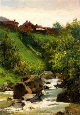 DELLEANI LORENZO Pollone (BI) 1840 - 1908 Torino "Torrente sotto le case"...