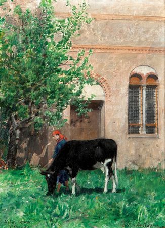 PASINI ALBERTO Busseto (PR) 1826 - 1899 Torino "Contadina con mucca" 22x16...