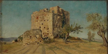 SIGNORINI TELEMACO Firenze 1835 - 1901 "Castello diroccato" 14,9x28,5 olio su...