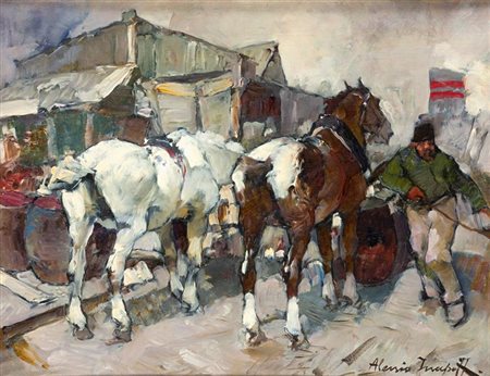 ISSUPOFF ALESSIO Russia 1889 - 1957 Roma "Cavalli a riposo" 25x31 olio su...