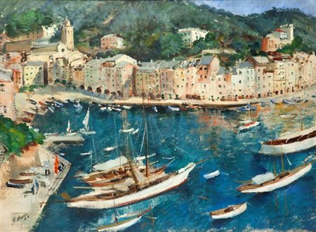 BAUSI FRANCESCO I 1907 - ? "Veduta di Portofino" 1940 63x83 olio su tela...