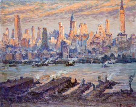 VAN NOTTI HENRY 1876 - 1962 "New York" 1941 40x50 olio su tela applicata su...