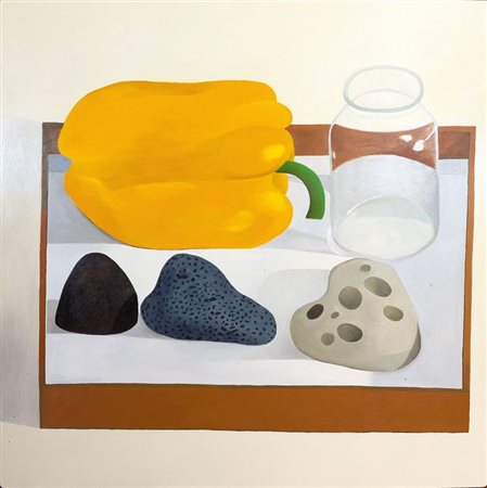 DU PASQUIER NATHALIE "Peperone giallo, sassi, acqua" 1999 130x130 olio su mds...