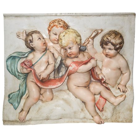  Grande altorilievo in gesso con raffigurazione a rilievo di putti policromi, Primi 20° secolo 