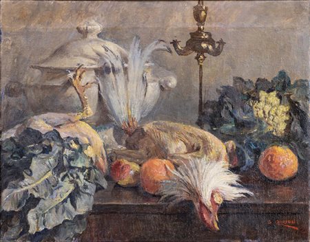 GIUSEPPE CHERUBINI (Ancona 1877 - Venezia 1960) Natura morta con gallo olio...