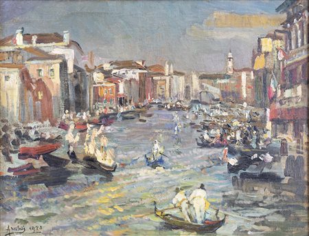 ALESSANDRO MILESI (Venezia, 1856 - 1945) Gondole nel Canal Grande a Venezia...