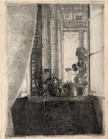 Luigi Bartolini (Cupramontana 1892-Roma 1963)  - Davanzale accanto al tempio con studio di figura, 1935