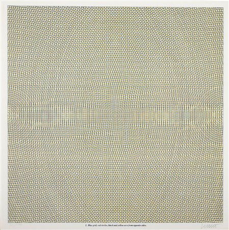 Sol LeWitt (Hartford 1928-New York 2007)  - Blue grid, red circles, black and yellow arcs from opposite sides, 1972