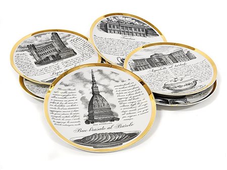 FORNASETTI PIERO Sei piatti della serie "Specialità torinesi" a decoro...