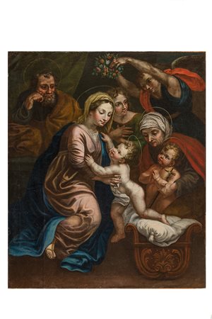 Anonimo della prima metà del XVIII secolo, Sacra Famiglia con Sant'Elisabetta, San Giovannino e due angeli (Sacra Famiglia di Francesco I). Da Raffaello. 1720 ca. 