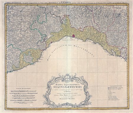 Tobias Mayer, Mappa geographica status Genuensis ex subsidiis recentissimis præcipue vero ex majori mappa du Chafrion. Nürnberg: Hommanianis Heredibus, 1749.