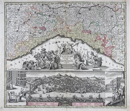 Georg Matthäus Seutter, Reipublicae Genuensis dominium cum inclytae istius Urbis et Portus insignioribus prospectibus geographica et topographica synopsi repraesentatum... Augsburg: Mattheus Seutter, 1735.