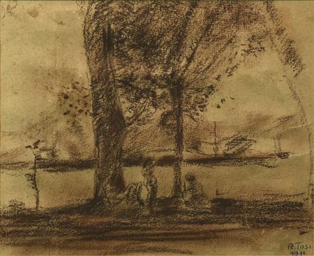 Arturo Tosi (1871 - 1956) FIGURE IN RIVA AL LAGO, 1911 carboncino su carta,...