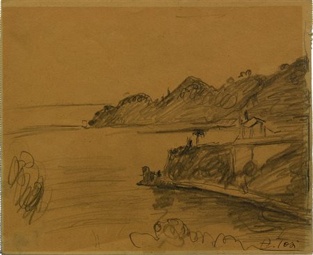 Arturo Tosi (1871 - 1956) PAESAGGIO CON LAGO matita su carta, cm 21x25 firma