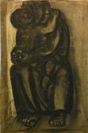 Alfredo Chighine MADRE SEDUTA CON BAMBINO, 1946 carboncino su carta, cm...