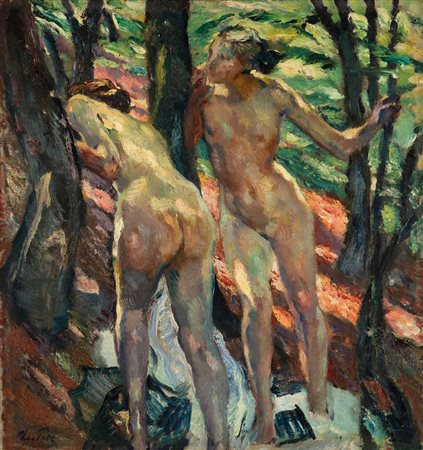 Leo Putz (Meran/Merano 1869 - 1940) Nel verde, 1911/20 ca.;Olio su tela, 64 x...