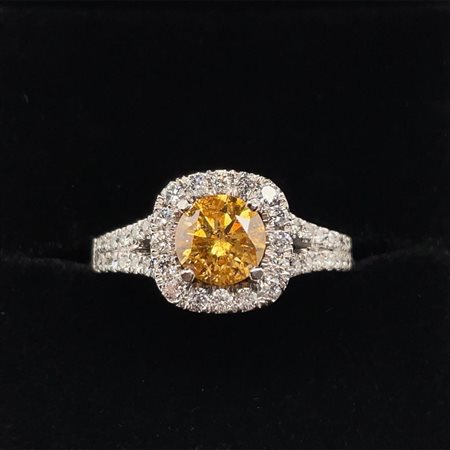 ANELLO IN ORO BIANCO 14K 5.03 GR CON DIAMANTE FANCY GIALLO ARANCIO INTENSO...