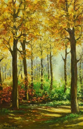 E. Mantovani BOSCO AUTUNNALE olio su cartone telato, cm 45x30 firma