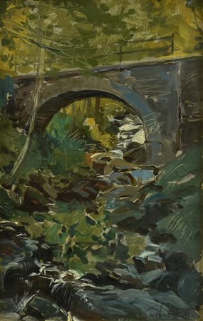 Ignoto PONTE CON ARCO olio su tavola, cm 23x14,7 firma sul retro:...