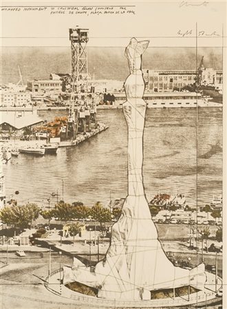 Christo "Wrapped Monument to Cristóbal Colón, Project for Barcelona" 1977litogr