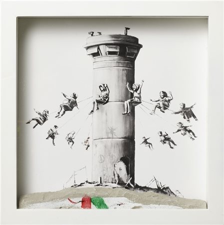 Banksy "Walled Off Hotel Box Set" (2017)
stampa a colori, pezzo di muro di cemen