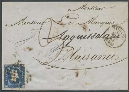 30.05.1853, Lettera da Torino per Piacenza affrancata con un 20c. Azzurro...
