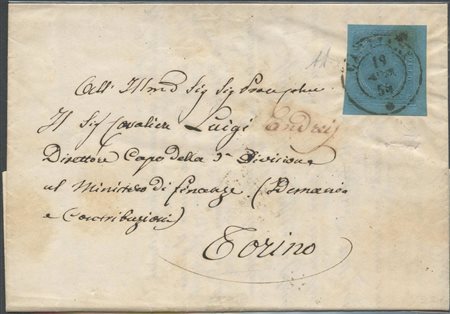 18.04.1854, Lettera da Cagliari per Torino affrancata con un 20c. N.5 Azzurro...
