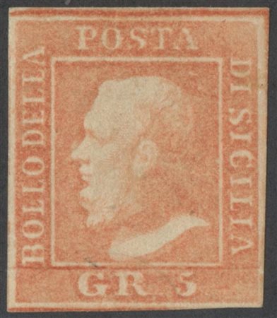 1859, 5gr. Vermiglio chiaro N.10. Nuovo con gomma, linguellato. (A+)...