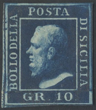 1859, 10gr. Azzurro cupo N.12 ritocco N.61 nuovo con gomma, linguellato. (A+)