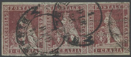 1851, 1 crazia carminio bruno su grigio N.4e in splendida striscia...