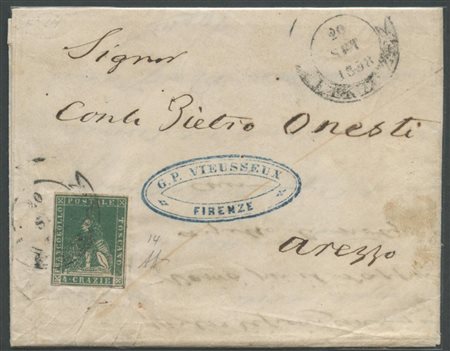 20.9.1858, lettera da Firenze per Arezzo affrancata tramite un 4cr. Verde...