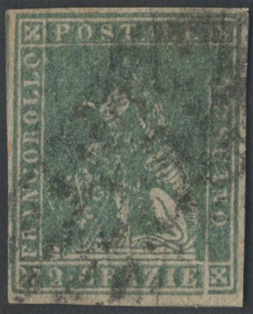 1857, 2Cr. Azzurro grigio verdastro N.13a con filigrana lettere. (A+)