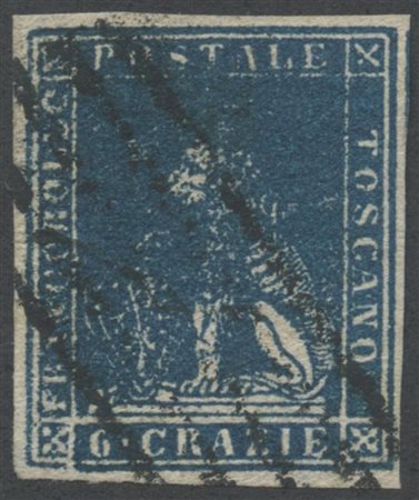 1857, 6 Crazie Azzurro Cupo N.15b, usato. Margini enormi; probabile bordo di...