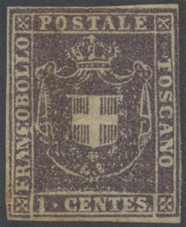 1860, 1c. Violetto Bruno N.17 con margini da buoni a completi, leggero...