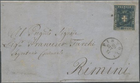 20.10.1860, Lettera da Pistoia per Rimini affrancata tramite un 20c. Azzurro...