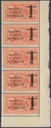 1944, Espresso da 2,50L. Striscia di 5 con soprastampa capovolta. Nuovi MNH....